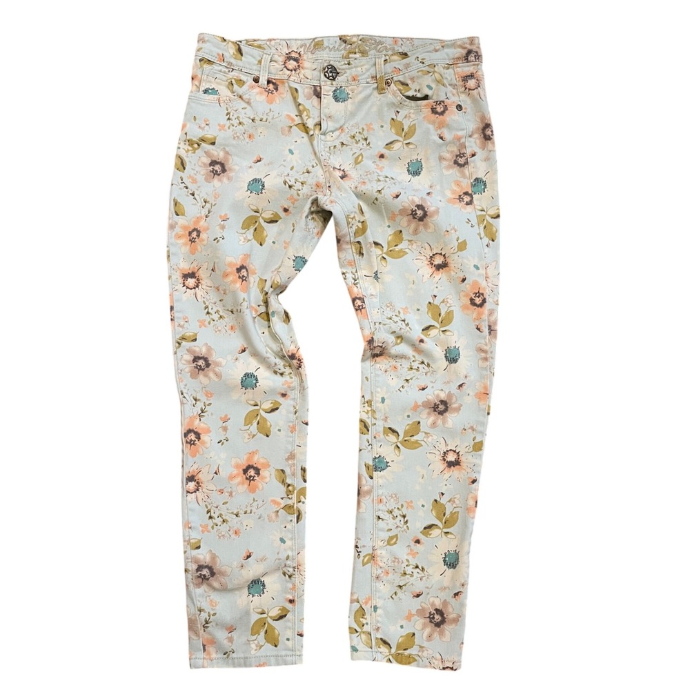 Vanilla Star Floral Print Skinny Jeans‎ Blue Peach Flower Low Rise Size 11
